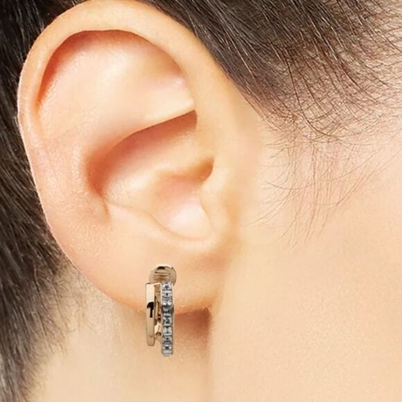 🎁Anne Klein Gold-Tone Small Square Crystal Double-Row Clip-On Hoop Earrings - Picture 2 of 5